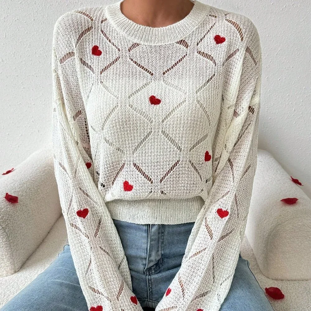White Casual Womens Love Heart Embroidery Hollow Out Knitted Sweater - Picture 1 of 5